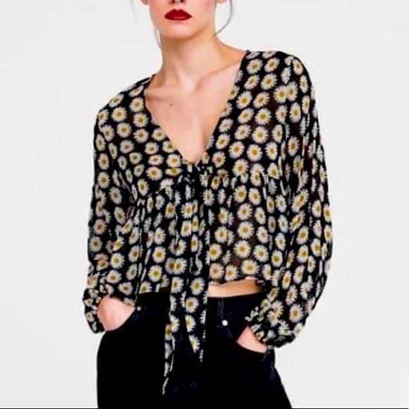 Zara Tops - Zara Daisy Print Cropped Long Sleeve Semi Sheer Blouse Size XS